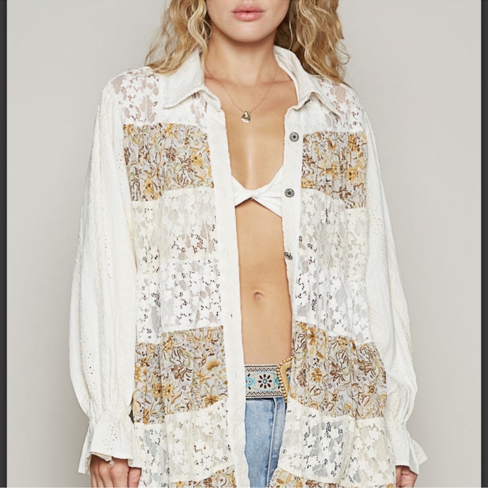 NEW - POL Off White Tiered Floral Patchwork Lace Button-Up Shirt/Shacket